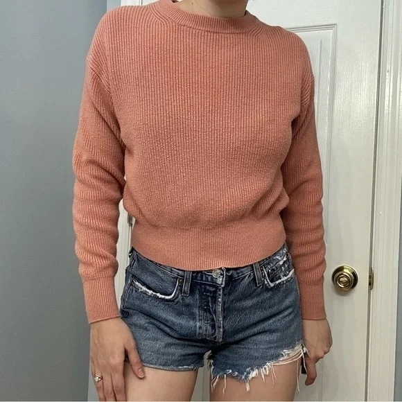 Wilfred Aritzia Sweater Cropped Pink Ribbed Knit Wool Dainty Size Extra Small - Picture 1 of 8